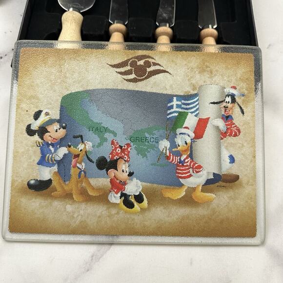 Disney Magic Mediterranean Cruise Line Cheese Board Set Glass Knives Cutting - Picture 3 of 5